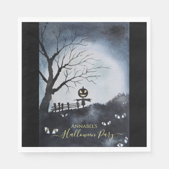 Spooky scene with scary pumpkin head scarecrow napkin (Front)