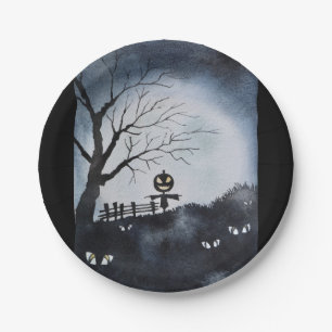 Spooky scene with scary pumpkin head scarecrow paper plate