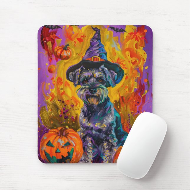 Spooky Schnauzer Dog Halloween Witch And Pumpkin Mouse Pad (With Mouse)