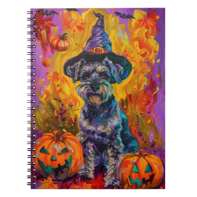Spooky Schnauzer Dog Halloween Witch And Pumpkin Notebook (Front)