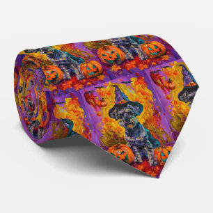 Spooky Schnauzer Dog Halloween Witch And Pumpkin Tie