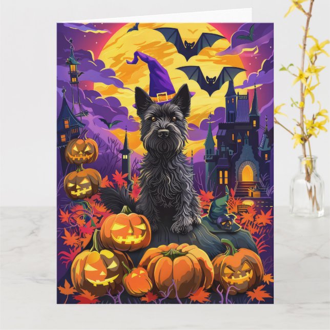 Spooky Scottish Terrier Halloween Witch Pumpkin Card (Yellow Flower)