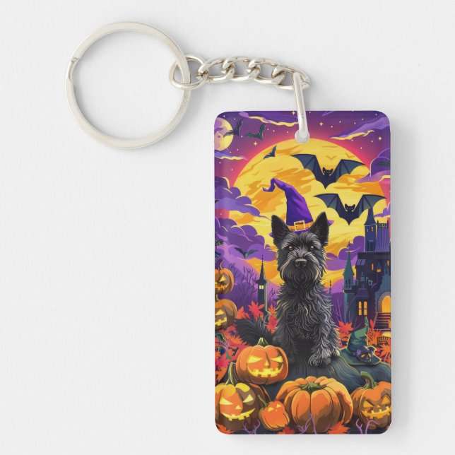 Spooky Scottish Terrier Halloween Witch Pumpkin Keychain (Front)