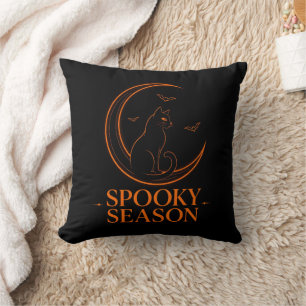 Spooky Season Black Cat Crescent Moon Pillow