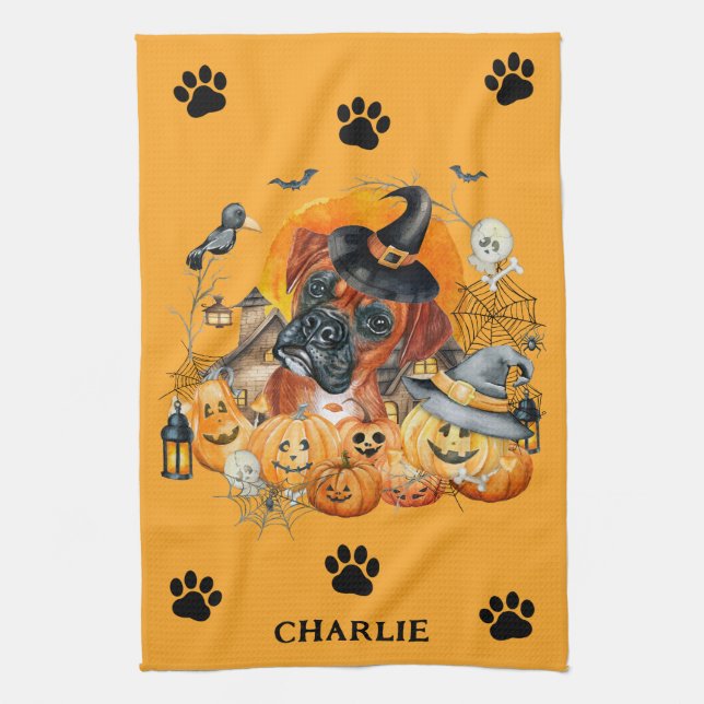 Spooky Season Boxer Halloween Pumpkin Custom Dog Kitchen Towel (Vertical)