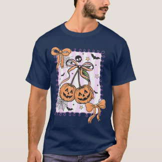 Spooky Season Coquette Bow Pumpkin Cherries Hallow T-Shirt