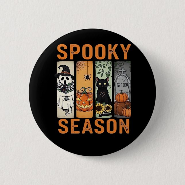 Spooky Season � Cute Ghost, Black Cat, Pumpkin & H 2 Inch Round Button (Front)
