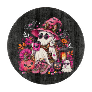 Spooky Season Cute Ghost in Witch Hat and Pumpkin Cutting Board