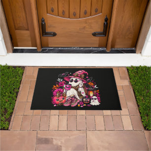 Spooky Season Cute Ghost in Witch Hat and Pumpkin Doormat