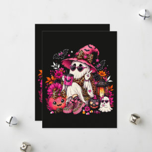Spooky Season Cute Ghost in Witch Hat and Pumpkin Holiday Card