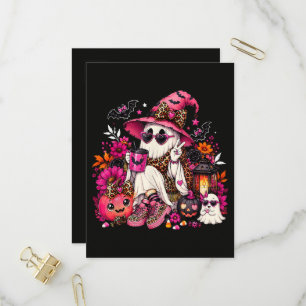 Spooky Season Cute Ghost in Witch Hat and Pumpkin Invitation Postcard