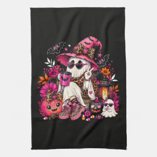 Spooky Season Cute Ghost in Witch Hat and Pumpkin Kitchen Towel