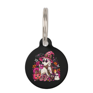 Spooky Season Cute Ghost in Witch Hat and Pumpkin Pet Tag