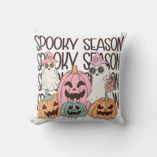 Spooky Season Cute Ghost Pumpkin Retro Halloween Throw Pillow
