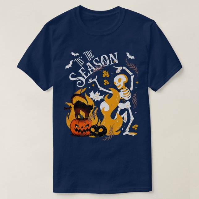 Spooky Season Dancing Skeleton Black Cat Halloween T-Shirt (Design Front)