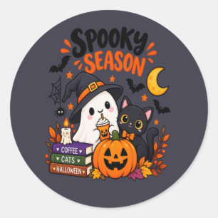 Spooky Season Ghost & Black Cat Classic Round Sticker