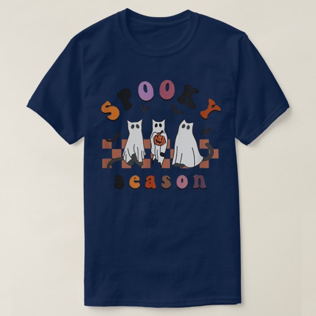 Spooky Season Ghost Black Cat Lover Funny Hallowee T-Shirt (Design Front)