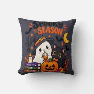 Spooky Season Ghost & Black Cat Throw Pillow