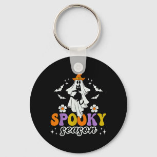Spooky Season Ghost Holding Black Cat Groovy Keychain