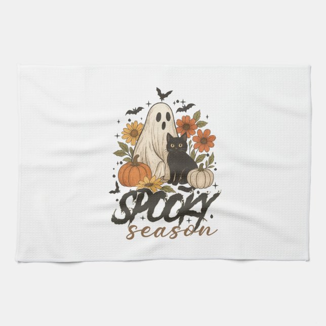 Spooky Season Ghost Retro Spooky Floral Halloween  Kitchen Towel (Horizontal)