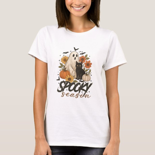 Spooky Season Ghost Retro Spooky Floral Halloween  T-Shirt (Front)