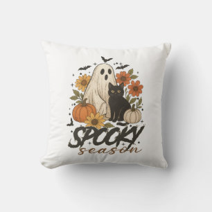 Spooky Season Ghost Retro Spooky Floral Halloween Throw Pillow