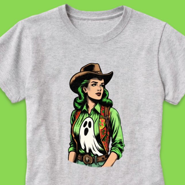 Spooky Season Green Retro Cowgirl with Ghost  T-Shirt (Spooky Season Green Retro Cowgirl with Ghost T-Shirt)