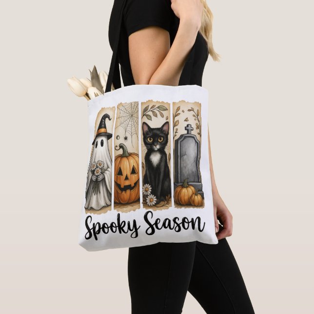 Spooky Season Halloween Black Cat, Ghost, Pumpkin  Tote Bag (Close Up)