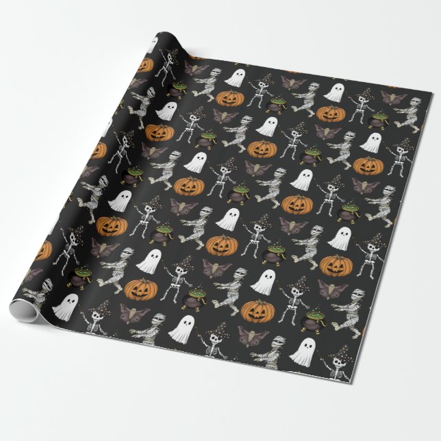 Spooky Season Halloween Ghost and Pumpkin Pattern Wrapping Paper (Unrolled)