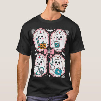 Spooky Season Halloween Ghost Nurse Coquette Bow S T-Shirt