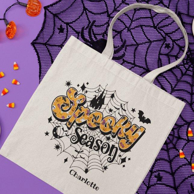 Spooky Season Modern Halloween Personalized Name Tote Bag (Creator Uploaded)