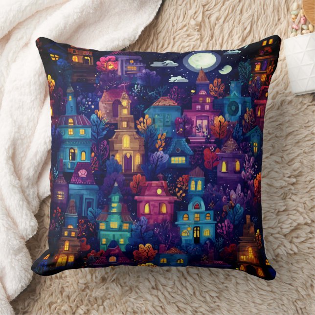 Spooky Season Neighbourhood at Night Throw Pillow (Blanket)