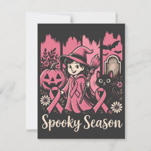 Spooky Season Pink Ribbon – Cute Halloween Witch Postcard