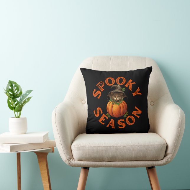 Spooky Season Pumpkin Cat Throw Pillow (Chair)