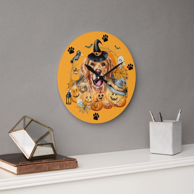 Spooky Season Pumpkin Golden Retriever Halloween Large Clock (Office)