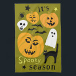 Spooky Season Pumpkins Ghost Bat HALLOWEEN Autumn Kitchen Towel<br><div class="desc">Decorate your kitchen with this cool art towel. Makes a great Halloween,  housewarming,  birthday or wedding gift! 
You can customize it with your own text too or change the colours.
Check my shop for lots more colours and patterns!</div>
