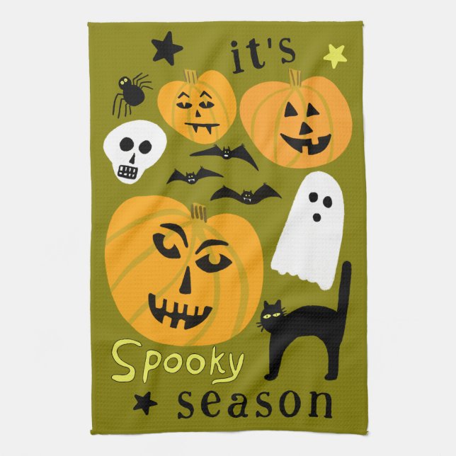 Spooky Season Pumpkins Ghost Bat HALLOWEEN Autumn Kitchen Towel (Vertical)