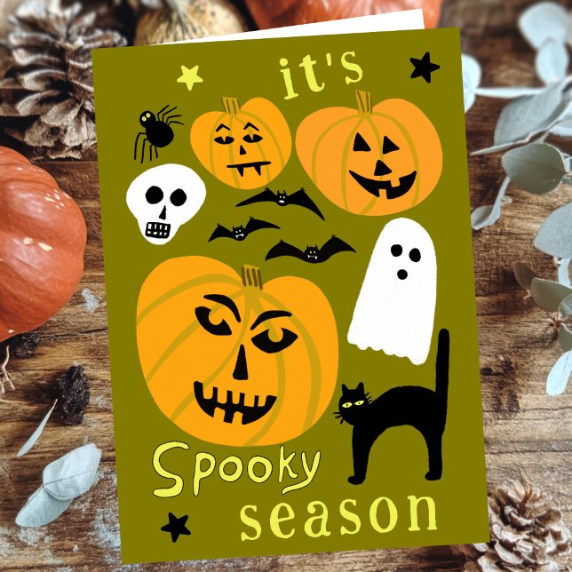 Spooky Season Pumpkins Ghost Bat HAPPY HALLOWEEN Card (Spooky Season Pumpkins Ghost Bat HAPPY HALLOWEEN Cute Hand-drawn Autumn October Card
)