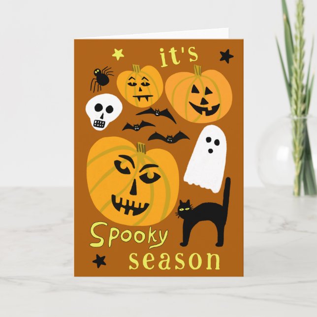 Spooky Season Pumpkins Ghost Bat HAPPY HALLOWEEN Card (Front)