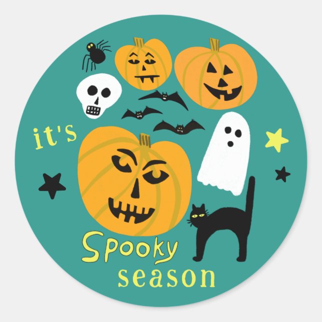 Spooky Season Pumpkins Ghost Bat HAPPY HALLOWEEN Classic Round Sticker (Front)