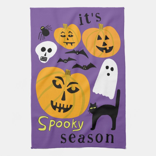 Spooky Season Pumpkins Ghost Bat HAPPY HALLOWEEN Kitchen Towel (Vertical)