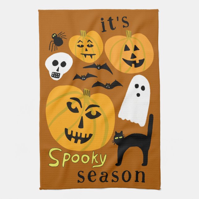 Spooky Season Pumpkins Ghost Bat HAPPY HALLOWEEN Kitchen Towel (Vertical)