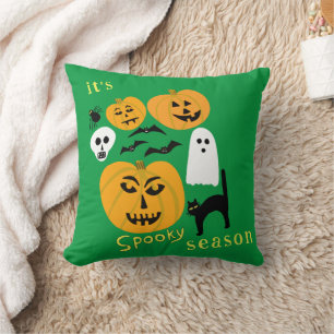 Spooky Season Pumpkins Ghost Bat HAPPY HALLOWEEN Throw Pillow