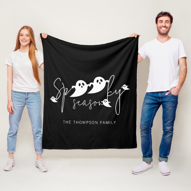 Spooky Season Script And White Ghosts Halloween Fleece Blanket (In Situ)