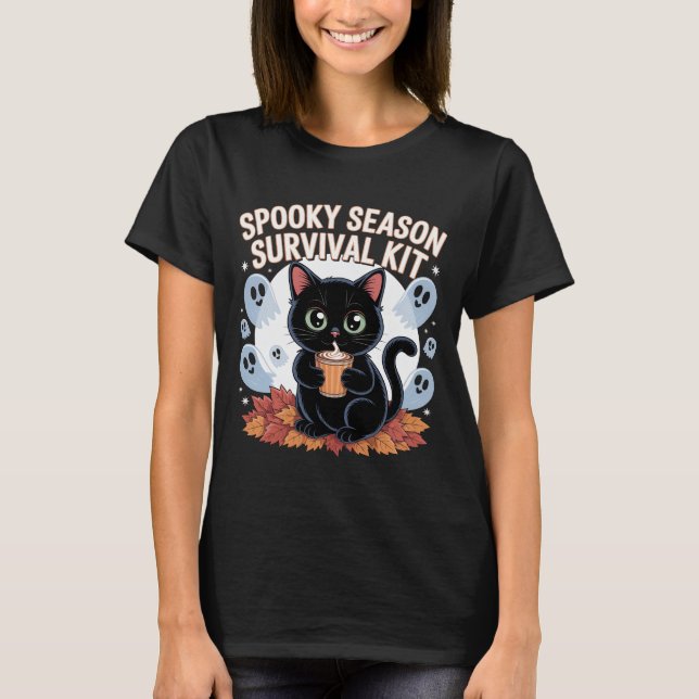 Spooky Season Survival Kit Cute Black Cat T-Shirt  (Front)