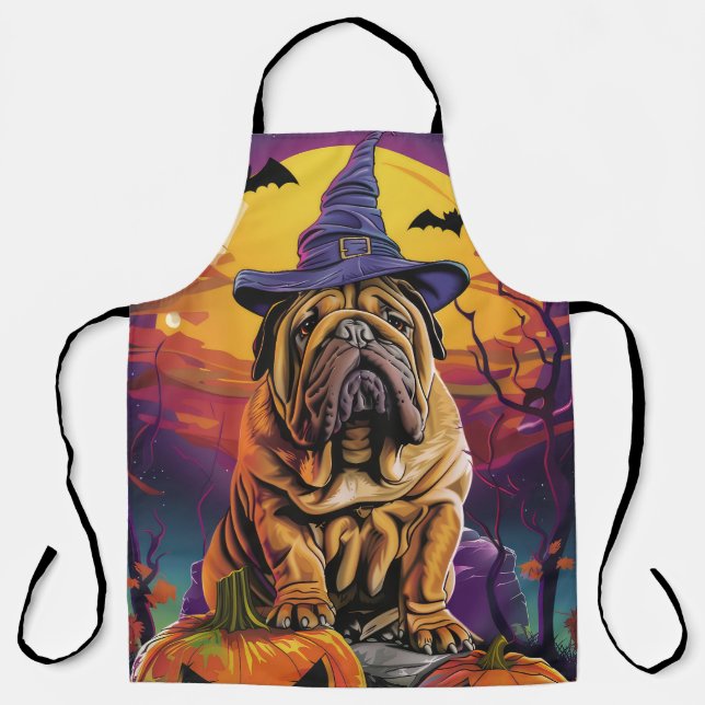 Spooky Shar Pei Dog Halloween Witch And Pumpkin Apron (Front)