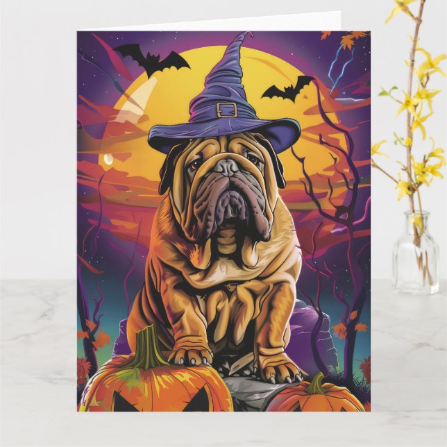 Spooky Shar Pei Dog Halloween Witch And Pumpkin Card (Yellow Flower)
