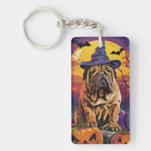 Spooky Shar Pei Dog Halloween Witch And Pumpkin Keychain