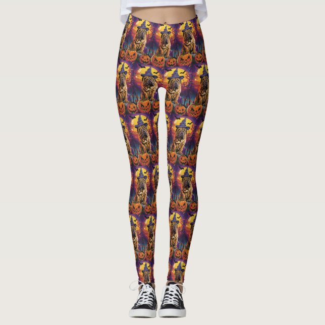 Spooky Shar Pei Dog Halloween Witch And Pumpkin Leggings (Front)