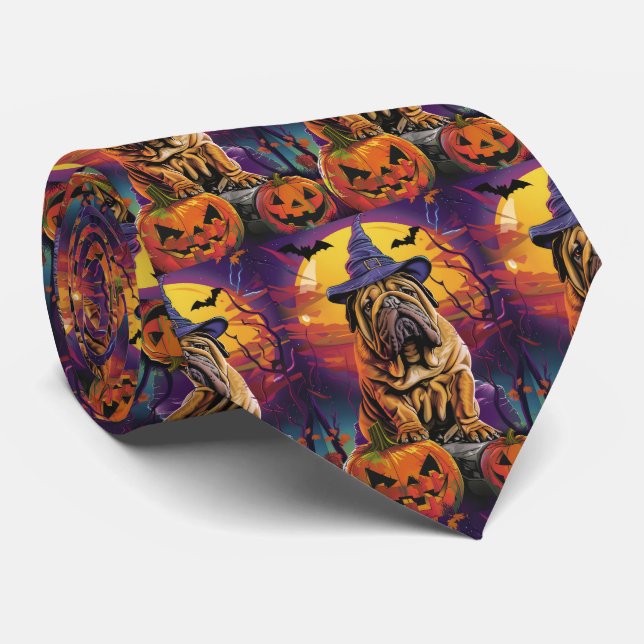 Spooky Shar Pei Dog Halloween Witch And Pumpkin Tie (Rolled)